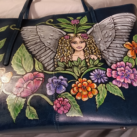 Unique HAND PAINTED Genuine LEATHER Tote Bag *NWT* Teal Blue Angel Fairy flowers - Picture 7 of 12